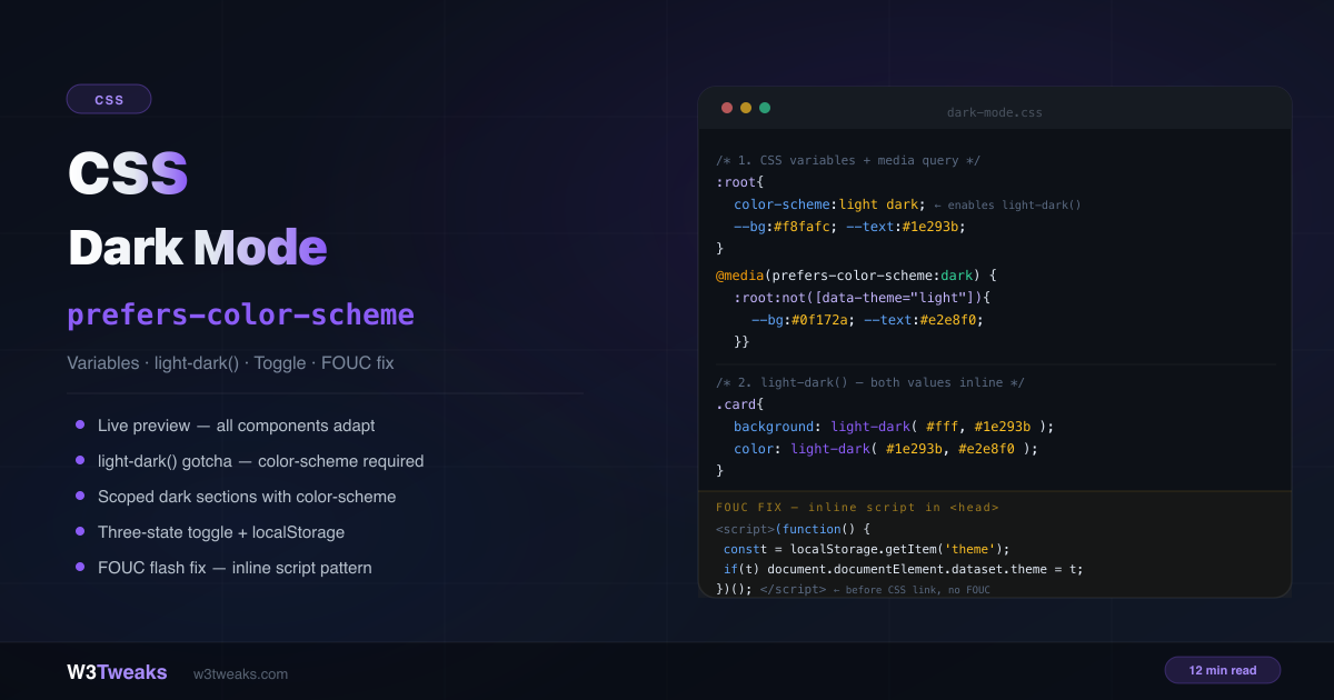 CSS Dark Mode 2026: prefers-color-scheme, light-dark, OKLCH