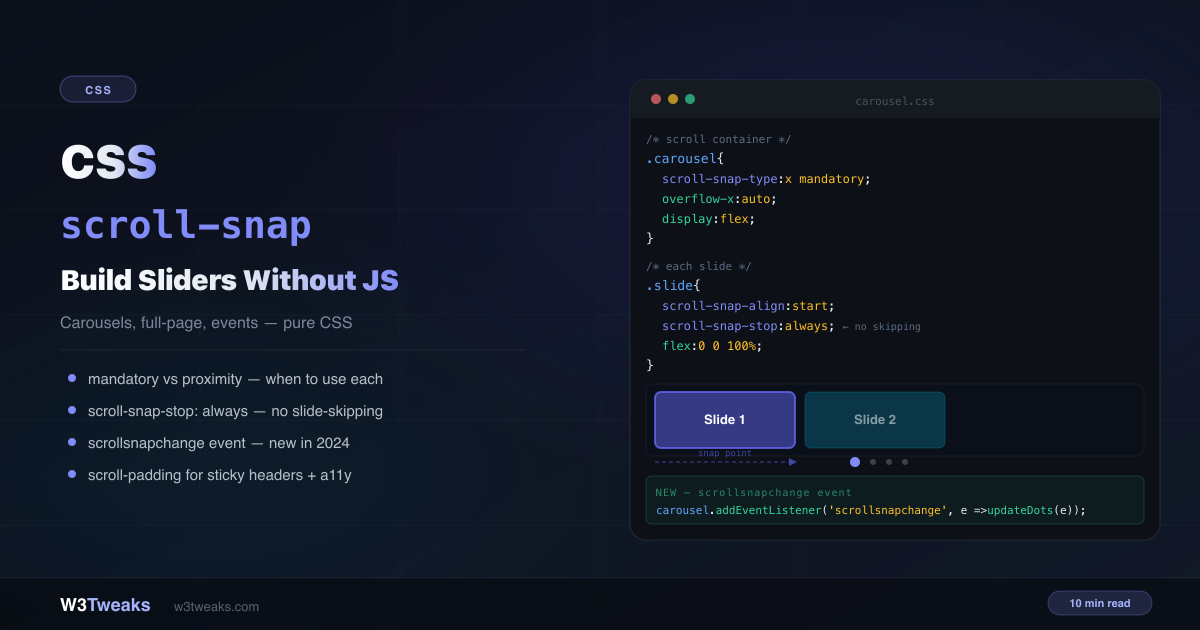 CSS scroll-snap: Build a CSS Carousel Without JavaScript (2026 Guide)