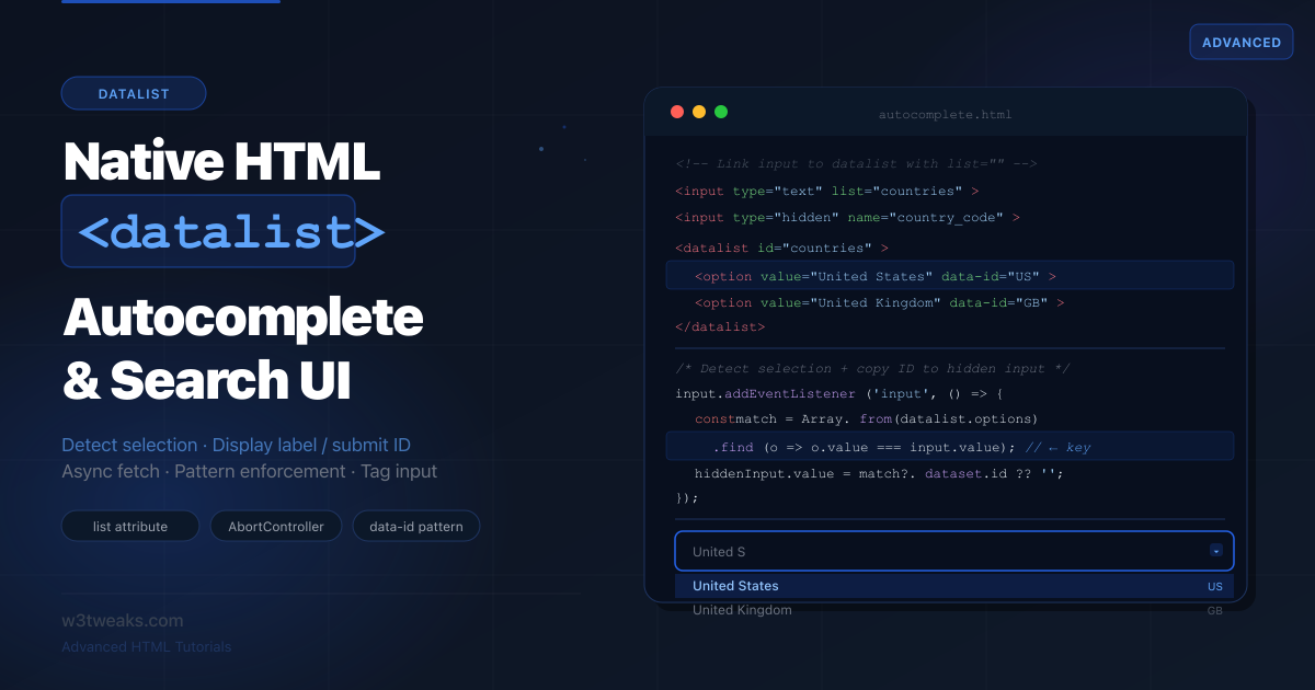 HTML datalist — Native Autocomplete & Search UI Guide