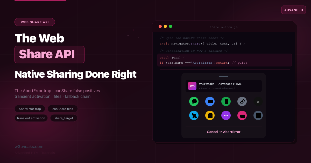 Web Share API: navigator.share, Files & Fallbacks