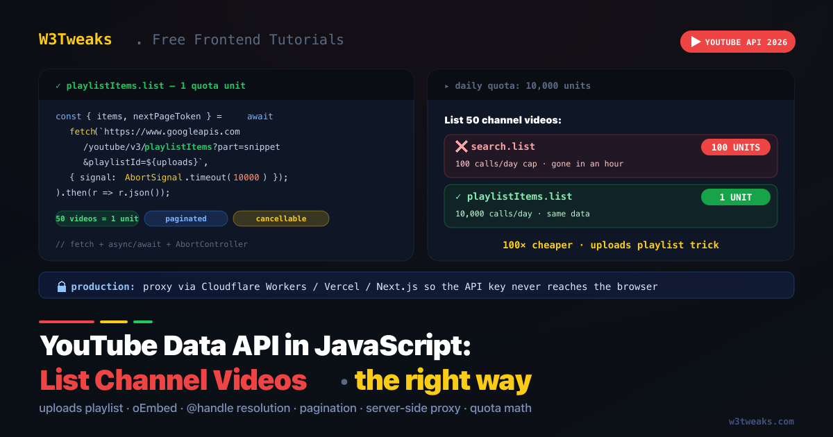 YouTube Data API in JavaScript 2026: List Channel Videos